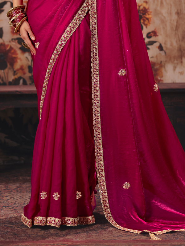 Rani Pink Embroidered Designer Satin Silk Saree