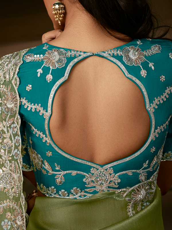 Sage Green Embroidered Designer Organza Silk Saree