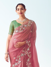 Rose Pink Embroidered Designer Organza Silk Saree With Contrast Blouse