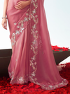 Rose Pink Embroidered Designer Organza Silk Saree With Contrast Blouse