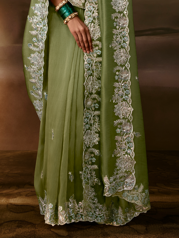 Sage Green Embroidered Designer Organza Silk Saree