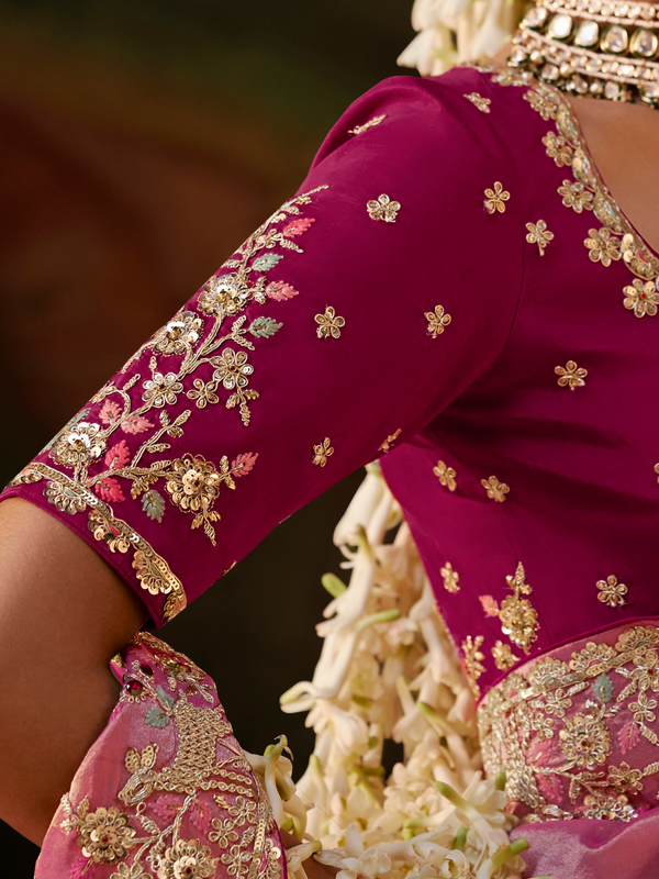 Rose Pink Embroidered Designer Tissue Silk Saree With Contrast Blouse