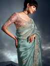 Mint Green Embroidered Designer Tissue Organza Silk Saree With Contrast Blouse