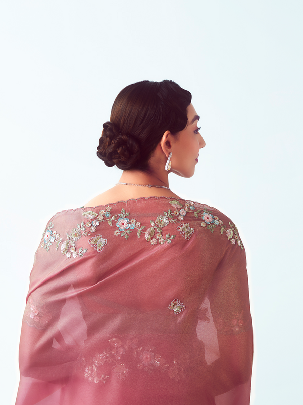 Rose Pink Embroidered Designer Organza Silk Saree With Contrast Blouse