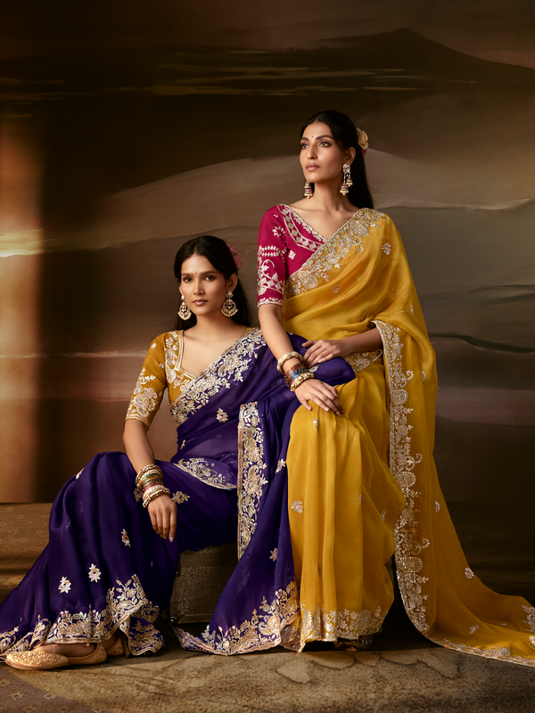 Mustard Yellow Embroidered Designer Organza Silk Saree