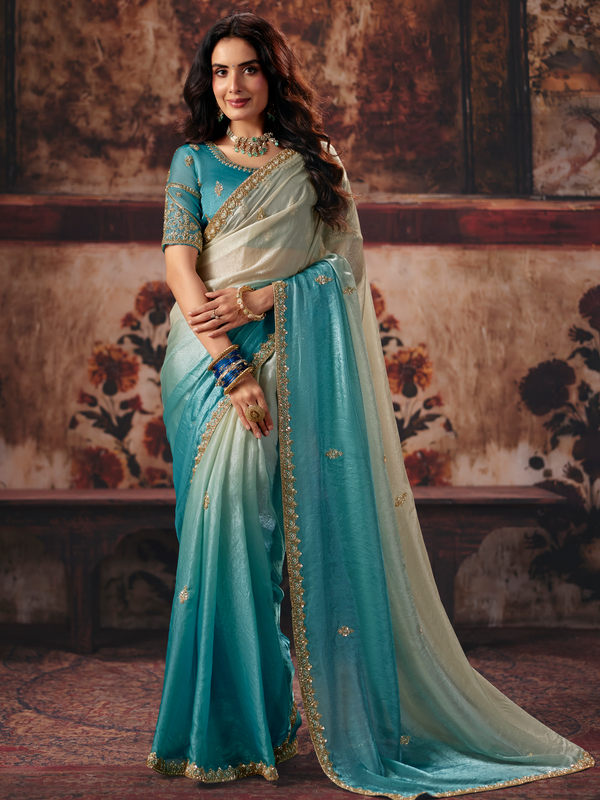 Turquoise Blue Embroidered Designer Tissue Silk Saree