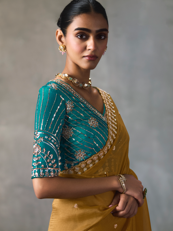 Mustard Yellow Designer Tissue Silk Saree With Contrast Blouse
