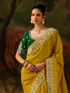 Lime Yellow Embroidered Designer Tissue Silk Saree With Contrast Blouse