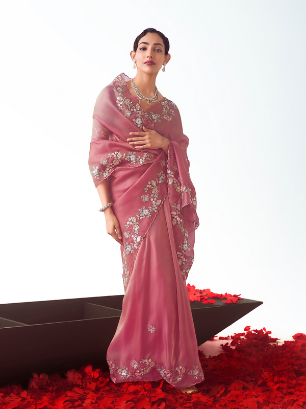 Rose Pink Embroidered Designer Organza Silk Saree With Contrast Blouse