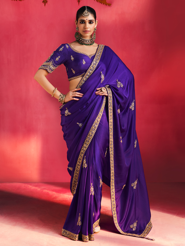 Violet Purple Embroidered Designer Satin Silk Saree