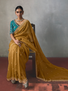 Mustard Yellow Designer Tissue Silk Saree With Contrast Blouse