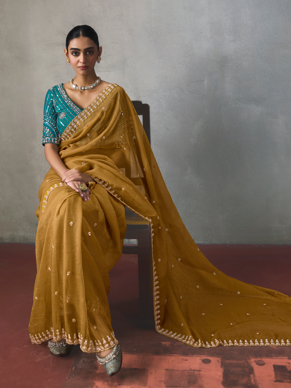 Mustard Yellow Designer Tissue Silk Saree With Contrast Blouse