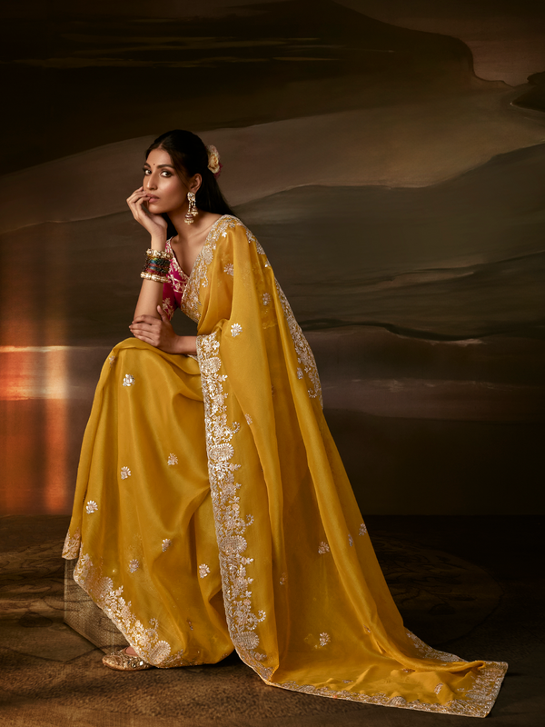 Mustard Yellow Embroidered Designer Organza Silk Saree