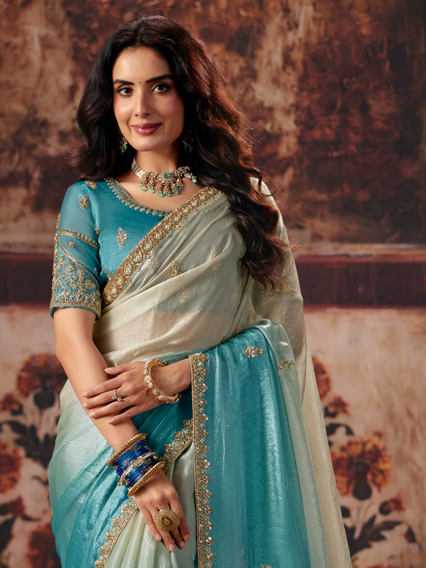 Turquoise Blue Embroidered Designer Tissue Silk Saree