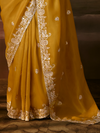Mustard Yellow Embroidered Designer Organza Silk Saree