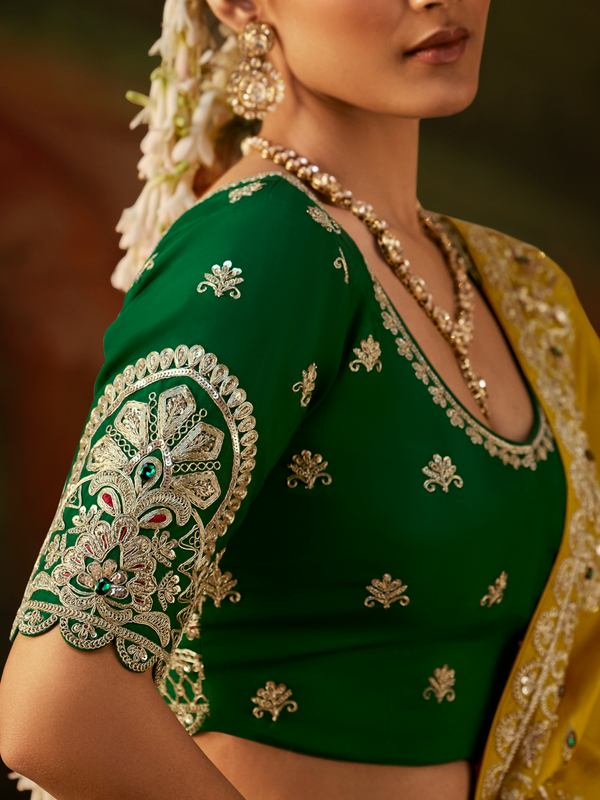 Lime Yellow Embroidered Designer Tissue Silk Saree With Contrast Blouse