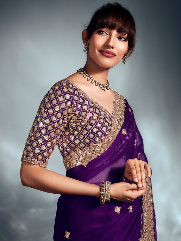Purple Embroidered Designer Tissue Organza Silk Saree