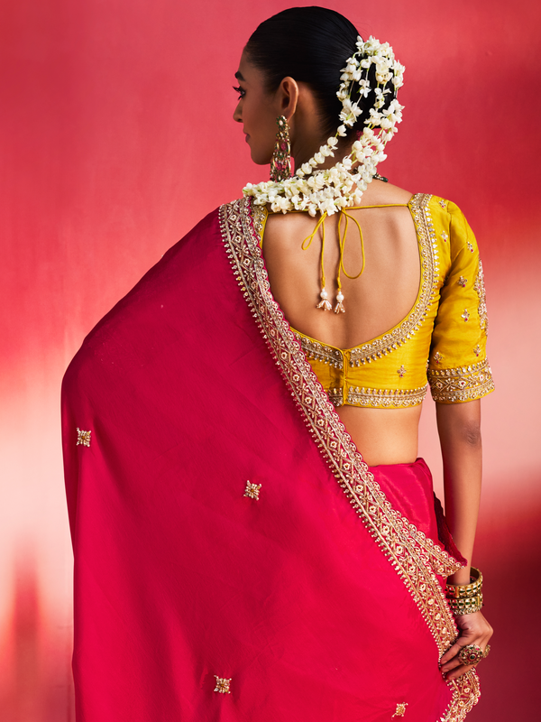 Rani Pink Embroidered Designer Satin Silk Saree With Contrast Blouse