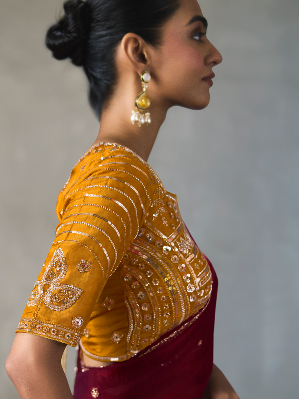 Maroon Designer Tissue Silk Saree With Contrast Blouse
