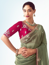 Sage Green Embroidered Designer Tissue Silk Saree With Contrast Blouse