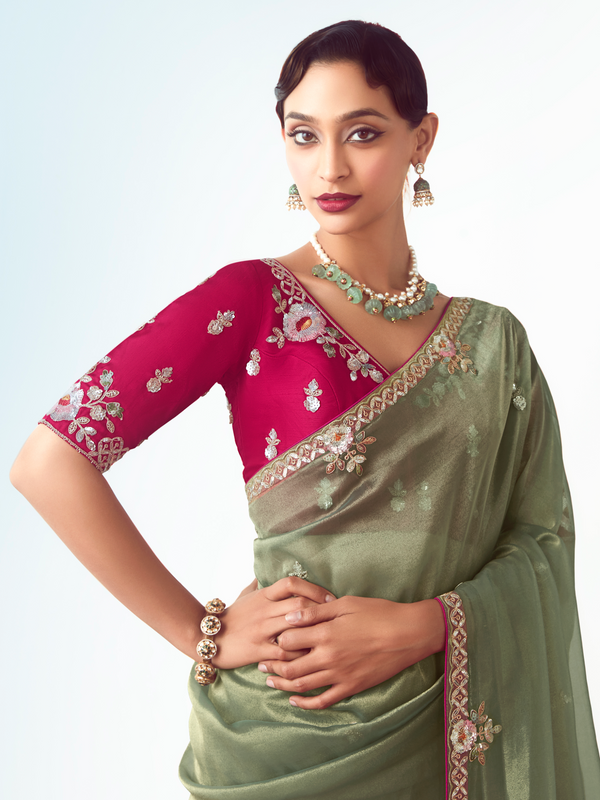 Sage Green Embroidered Designer Tissue Silk Saree With Contrast Blouse