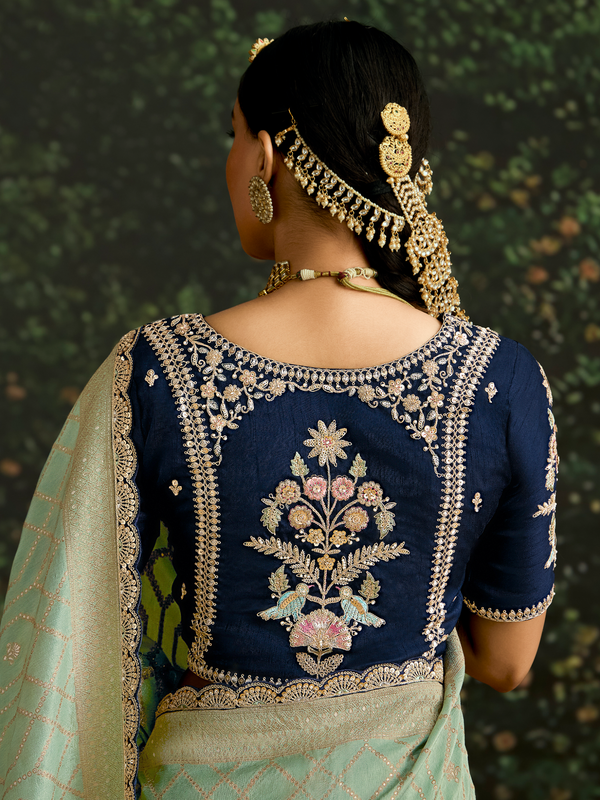 Mint Green Designer Banarasi Dola Silk Saree With Golden Zari Work