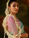 Powder Blue Embroidered Designer Tissue Silk Saree With Contrast Blouse