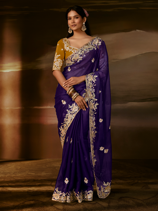 Deep Violet Embroidered Designer Organza Silk Saree