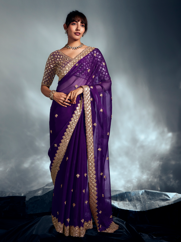 Purple Embroidered Designer Tissue Organza Silk Saree