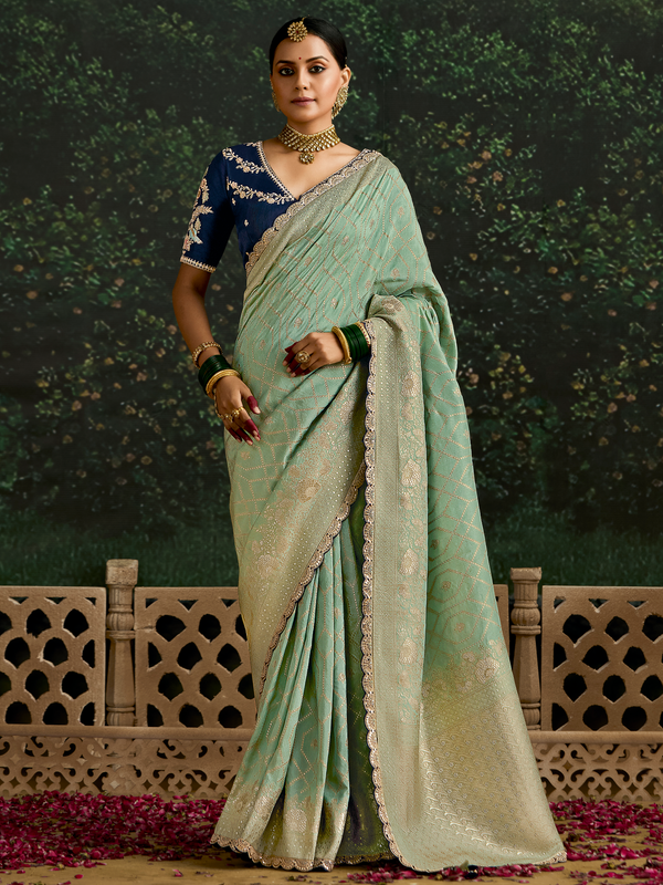 Mint Green Designer Banarasi Dola Silk Saree With Golden Zari Work