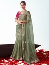 Sage Green Embroidered Designer Tissue Silk Saree With Contrast Blouse