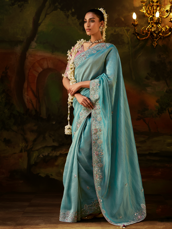 Powder Blue Embroidered Designer Tissue Silk Saree With Contrast Blouse