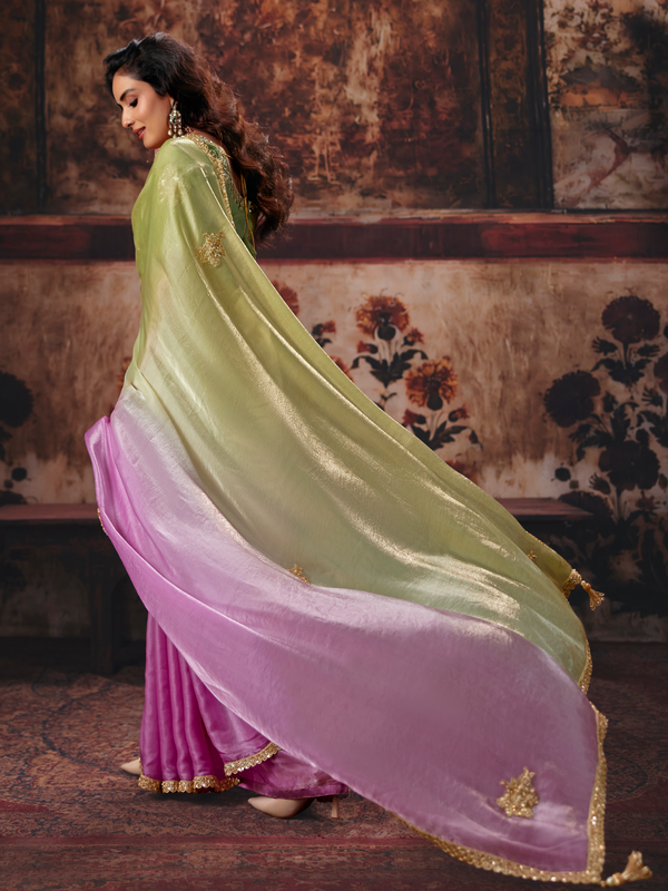 Lilac Purple Embroidered Designer Satin Silk Saree With Contrast Blouse