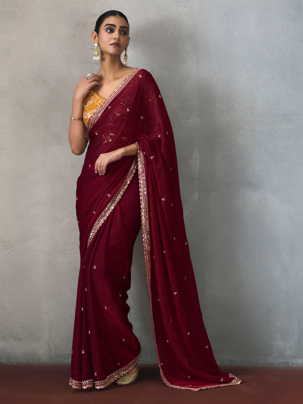 Maroon Designer Tissue Silk Saree With Contrast Blouse