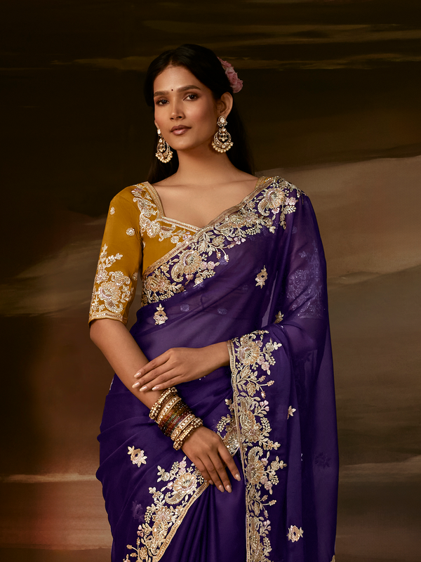 Deep Violet Embroidered Designer Organza Silk Saree