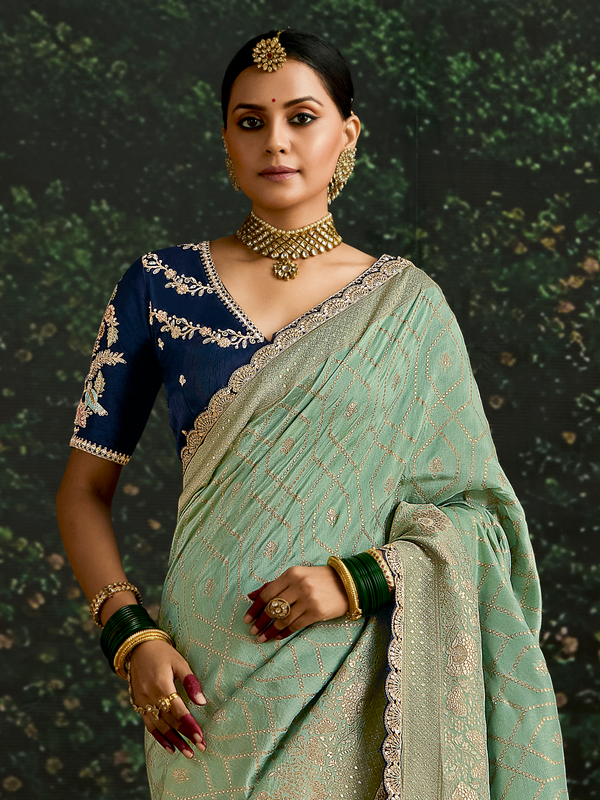 Mint Green Designer Banarasi Dola Silk Saree With Golden Zari Work