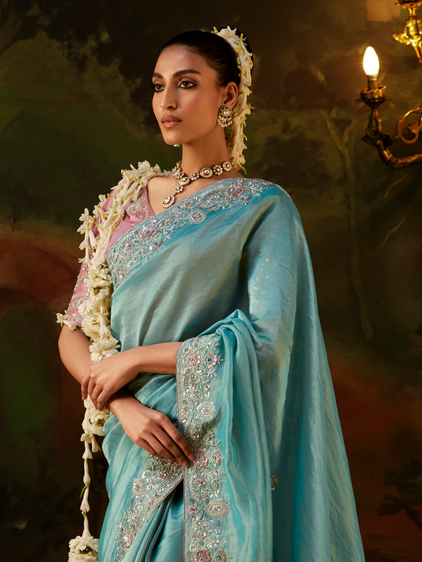 Powder Blue Embroidered Designer Tissue Silk Saree With Contrast Blouse