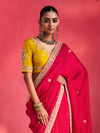 Rani Pink Embroidered Designer Satin Silk Saree With Contrast Blouse