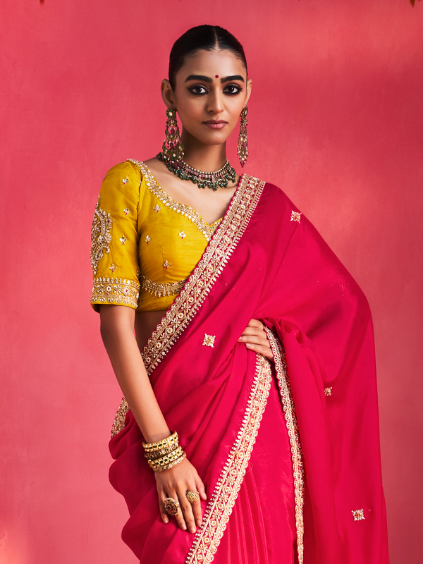 Rani Pink Embroidered Designer Satin Silk Saree With Contrast Blouse