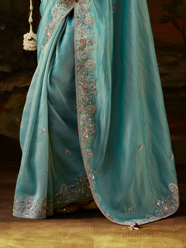Powder Blue Embroidered Designer Tissue Silk Saree With Contrast Blouse
