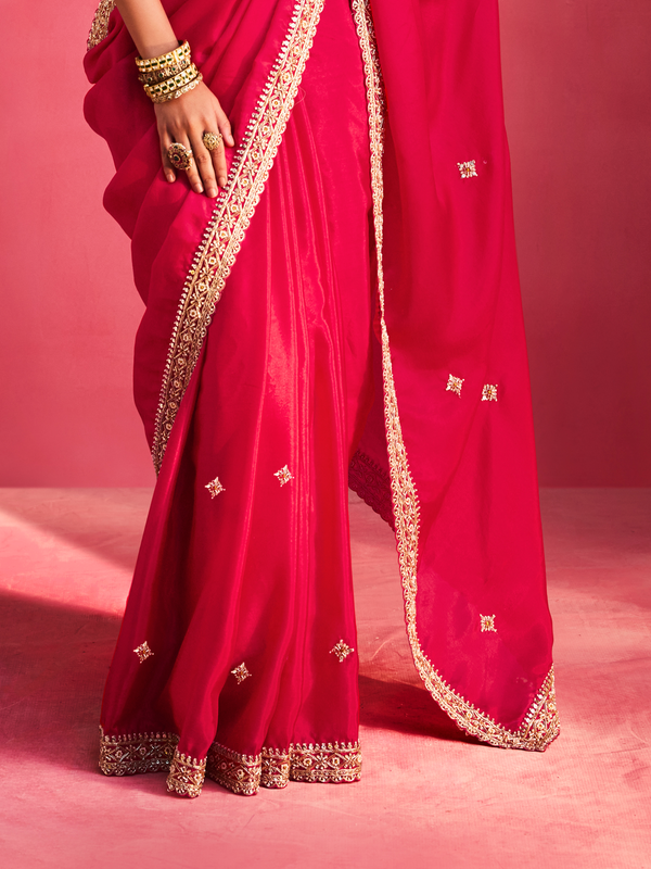 Rani Pink Embroidered Designer Satin Silk Saree With Contrast Blouse