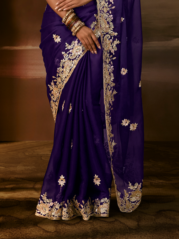 Deep Violet Embroidered Designer Organza Silk Saree