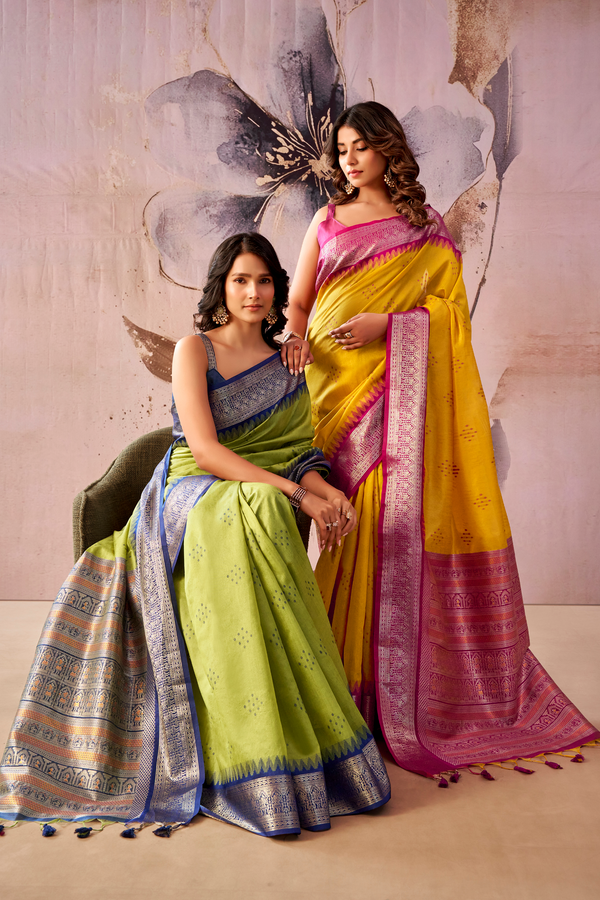 Lime Green Banarasi Cotton Silk Saree
