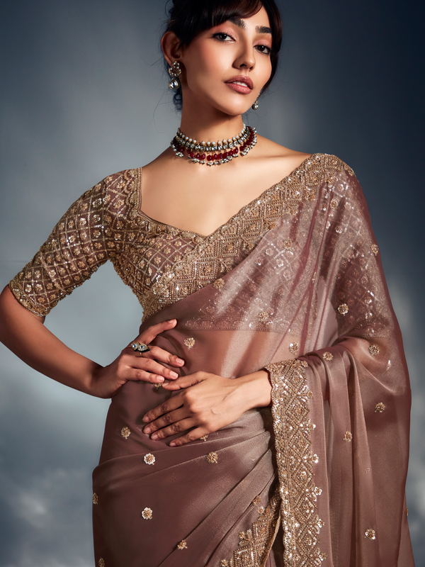 Rose Gold Embroidered Designer Tissue Organza Silk Saree