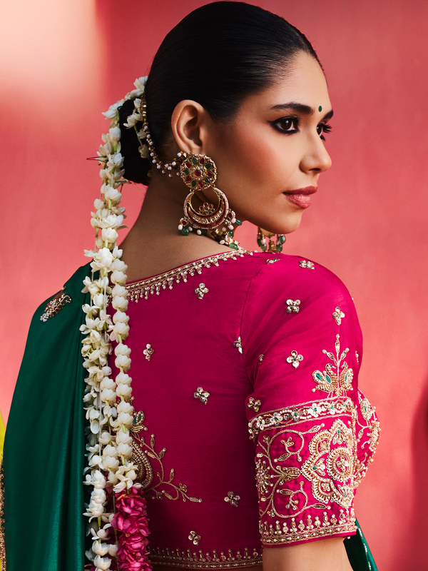 Bottle Green Embroidered Designer Satin Silk Saree With Contrast Blouse