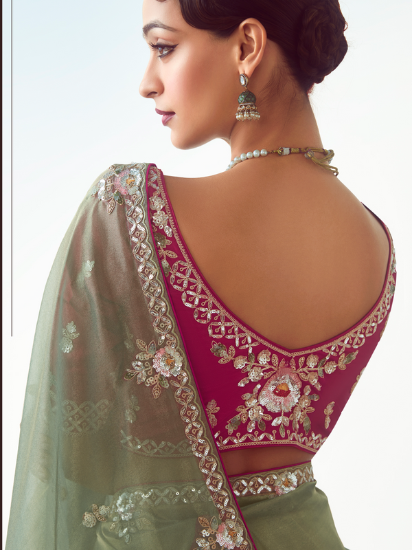 Sage Green Embroidered Designer Tissue Silk Saree With Contrast Blouse