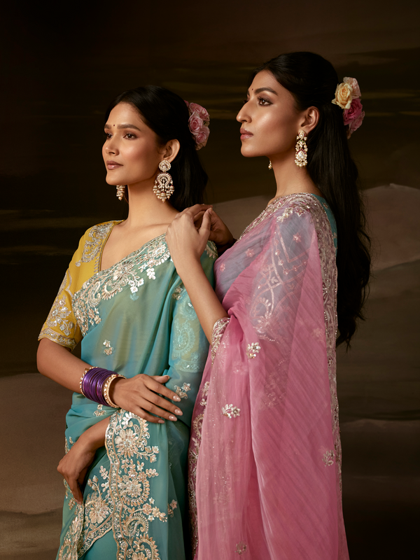 Rose Pink Embroidered Designer Organza Silk Saree