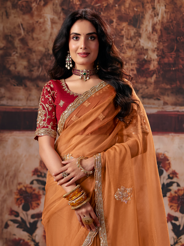Rust Orange Embroidered Designer Organza Silk Saree With Contrast Blouse