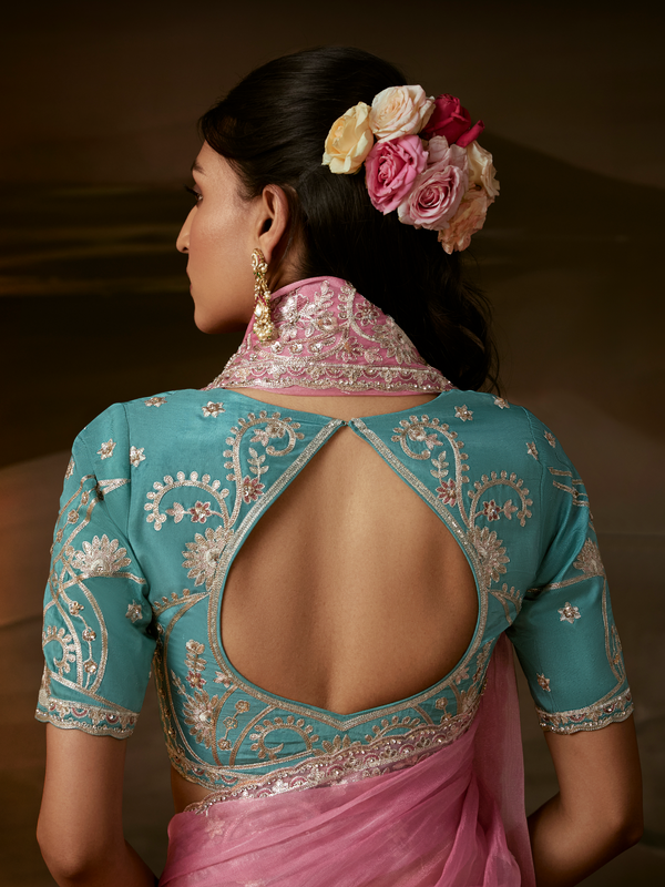Rose Pink Embroidered Designer Organza Silk Saree