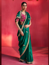 Bottle Green Embroidered Designer Satin Silk Saree With Contrast Blouse